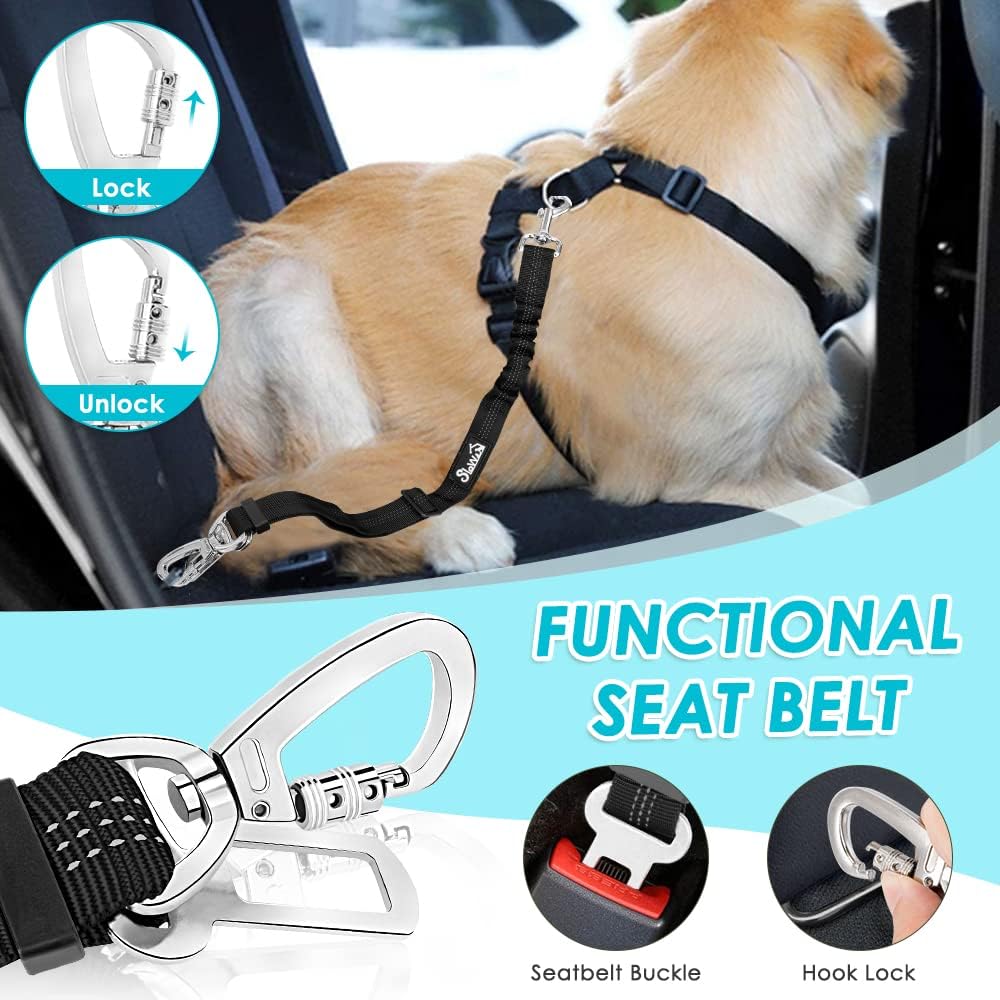 Dog Seat Belt Harness for Car, Dog Car Harness & Seatbelt, FU M | Adjustable Mesh Breathable Harness & Dog Seatbelt Safety Tether with Elastic Bungee & Double Clips for Small Medium Large Pet