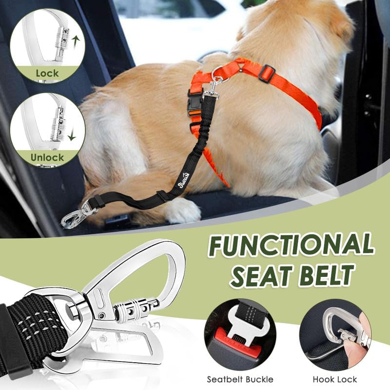 Dog Seat Belt Harness for Car, Dog Car Harness & Seatbelt, FU M | Adjustable Mesh Breathable Harness & Dog Seatbelt Safety Tether with Elastic Bungee & Double Clips for Small Medium Large Pet
