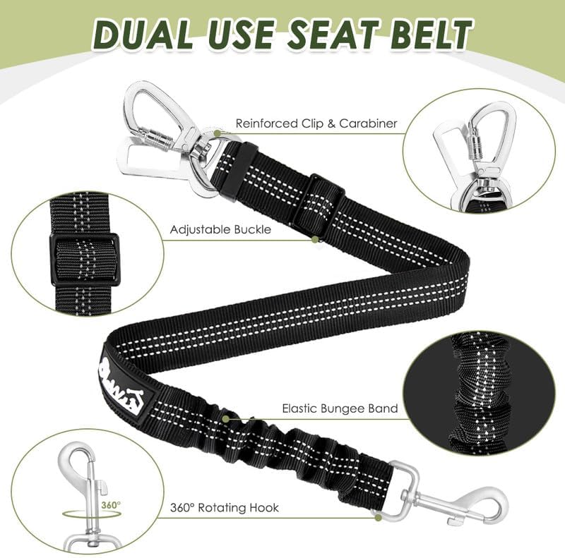 Dog Seat Belt Harness for Car, Dog Car Harness & Seatbelt, FU M | Adjustable Mesh Breathable Harness & Dog Seatbelt Safety Tether with Elastic Bungee & Double Clips for Small Medium Large Pet