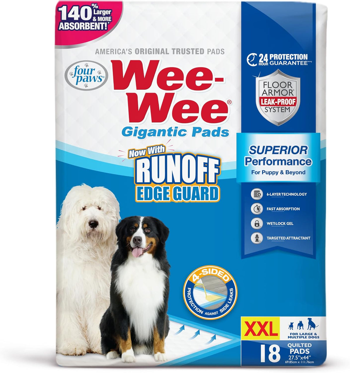 Wee-Wee Superior Performance Pee Pads for Dogs with Runoff Barrier Edge Guard Protection, Puppy & Dog Potty Training Pads, Housebreaking Pet Supplies, 27.5" x 44"