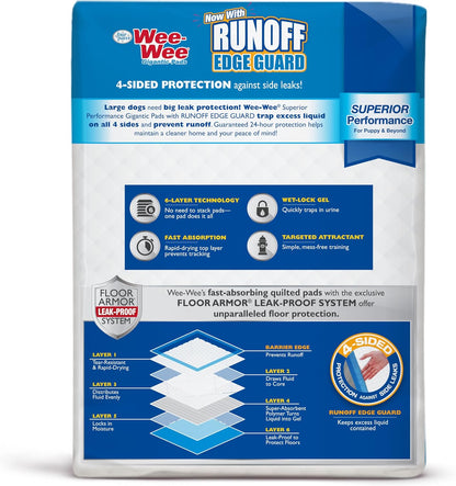 Wee-Wee Superior Performance Pee Pads for Dogs with Runoff Barrier Edge Guard Protection, Puppy & Dog Potty Training Pads, Housebreaking Pet Supplies, 27.5" x 44"