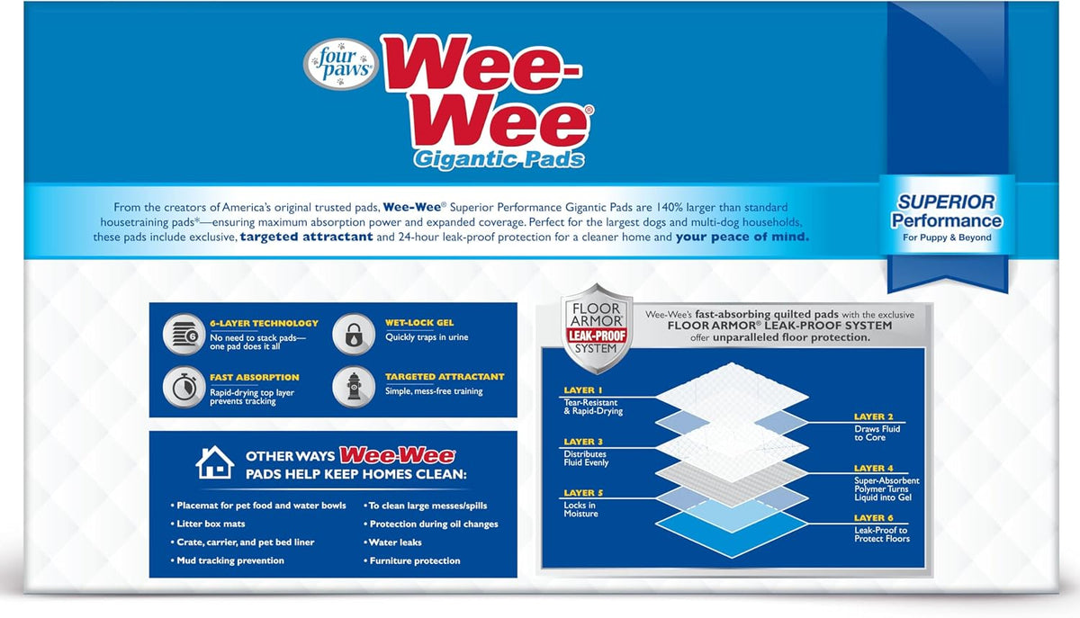 Wee-Wee Superior Performance Pee Pads for Dogs with Runoff Barrier Edge Guard Protection, Puppy & Dog Potty Training Pads, Housebreaking Pet Supplies, 27.5" x 44"