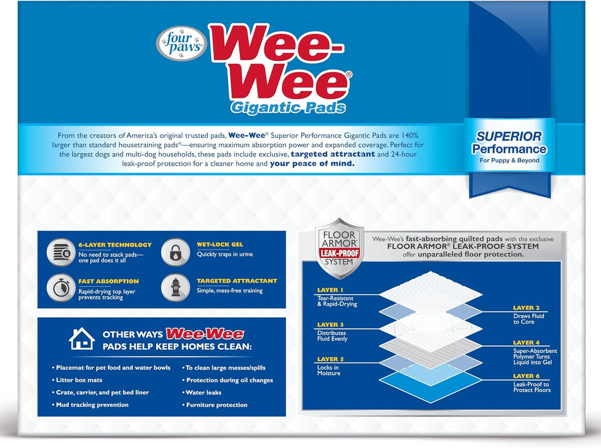 Wee-Wee Superior Performance Pee Pads for Dogs with Runoff Barrier Edge Guard Protection, Puppy & Dog Potty Training Pads, Housebreaking Pet Supplies, 27.5" x 44"