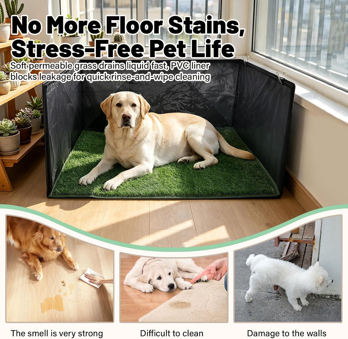 High Walls Dog Litter Box with Artificial Grass Waterproof PVC Liner