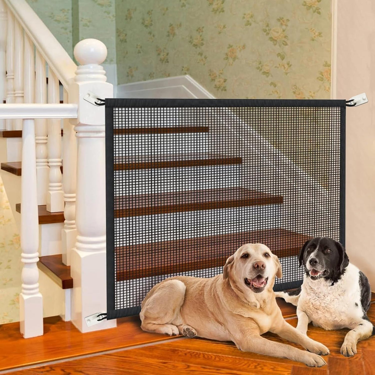 Dog Gate Indoor Pet Gates for Stairs: Dogs Screen Mesh Gate for The House Magic Gate for Kitchen Doorways Hallway Stairways Porch Yard 30 inch Tall, 55 inch Wide Fits 48''–52'' Openings
