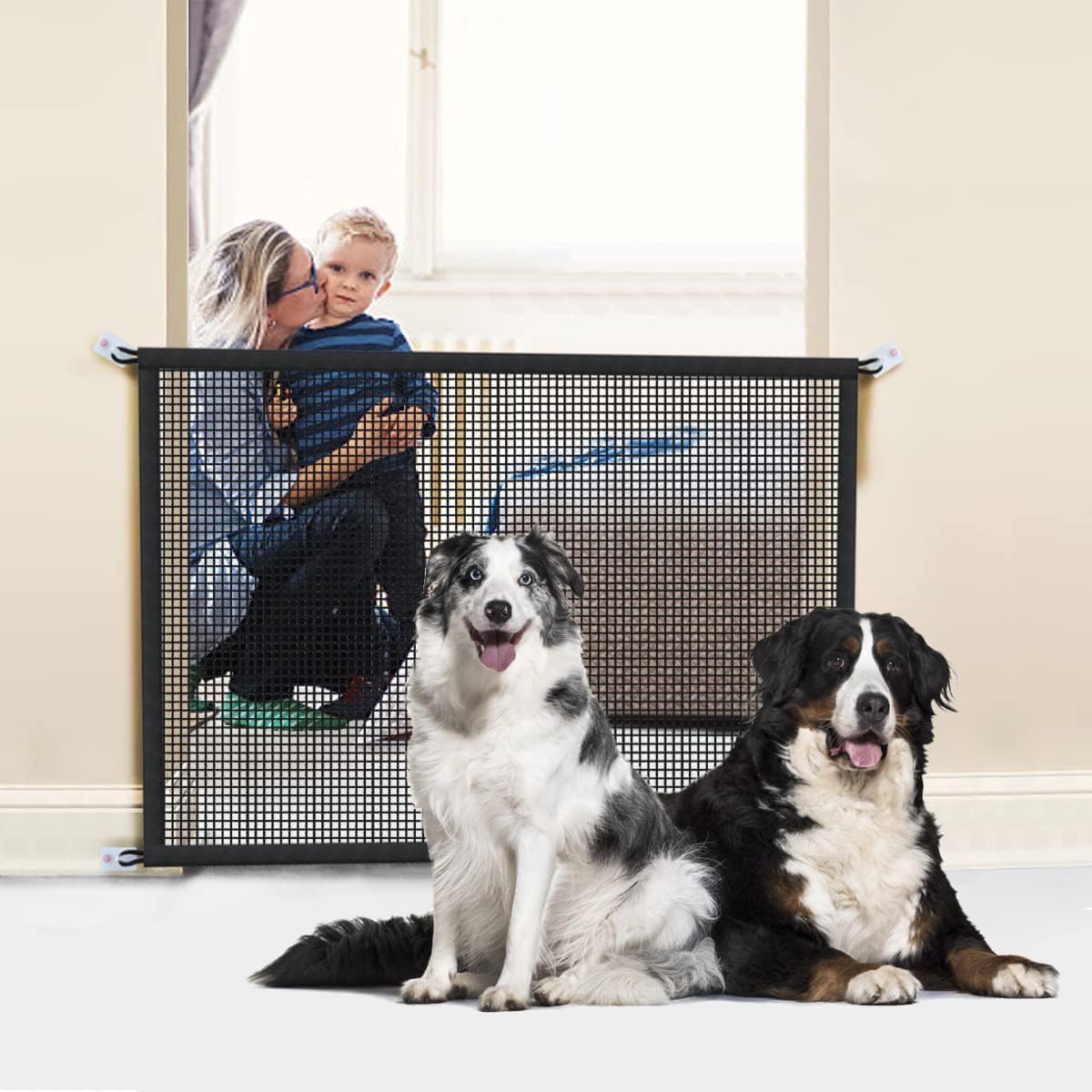 Dog Gate Indoor Pet Gates for Stairs: Dogs Screen Mesh Gate for The House Magic Gate for Kitchen Doorways Hallway Stairways Porch Yard 30 inch Tall, 55 inch Wide Fits 48''–52'' Openings