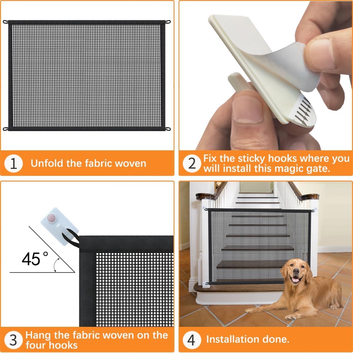 Dog Gate Indoor Pet Gates for Stairs: Dogs Screen Mesh Gate for The House Magic Gate for Kitchen Doorways Hallway Stairways Porch Yard 30 inch Tall, 55 inch Wide Fits 48''–52'' Openings