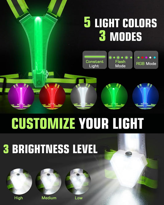 LED Reflective Vest with Chest Light 500LM, 5 RGB Colors High Visibility Rechargeable Light Up Running Vest IPX4 Night Safety Running Gear for Dog Walking, Cycling, Adjustable for Men Women Kids