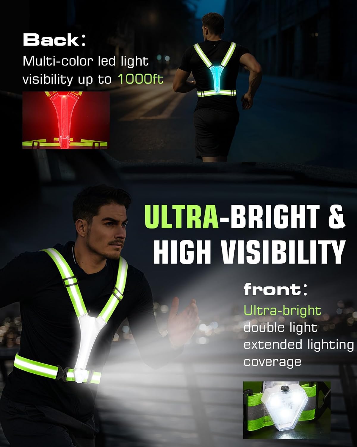 LED Reflective Vest with Chest Light 500LM, 5 RGB Colors High Visibility Rechargeable Light Up Running Vest IPX4 Night Safety Running Gear for Dog Walking, Cycling, Adjustable for Men Women Kids