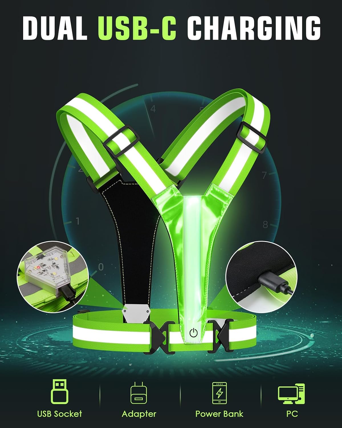 LED Reflective Vest with Chest Light 500LM, 5 RGB Colors High Visibility Rechargeable Light Up Running Vest IPX4 Night Safety Running Gear for Dog Walking, Cycling, Adjustable for Men Women Kids