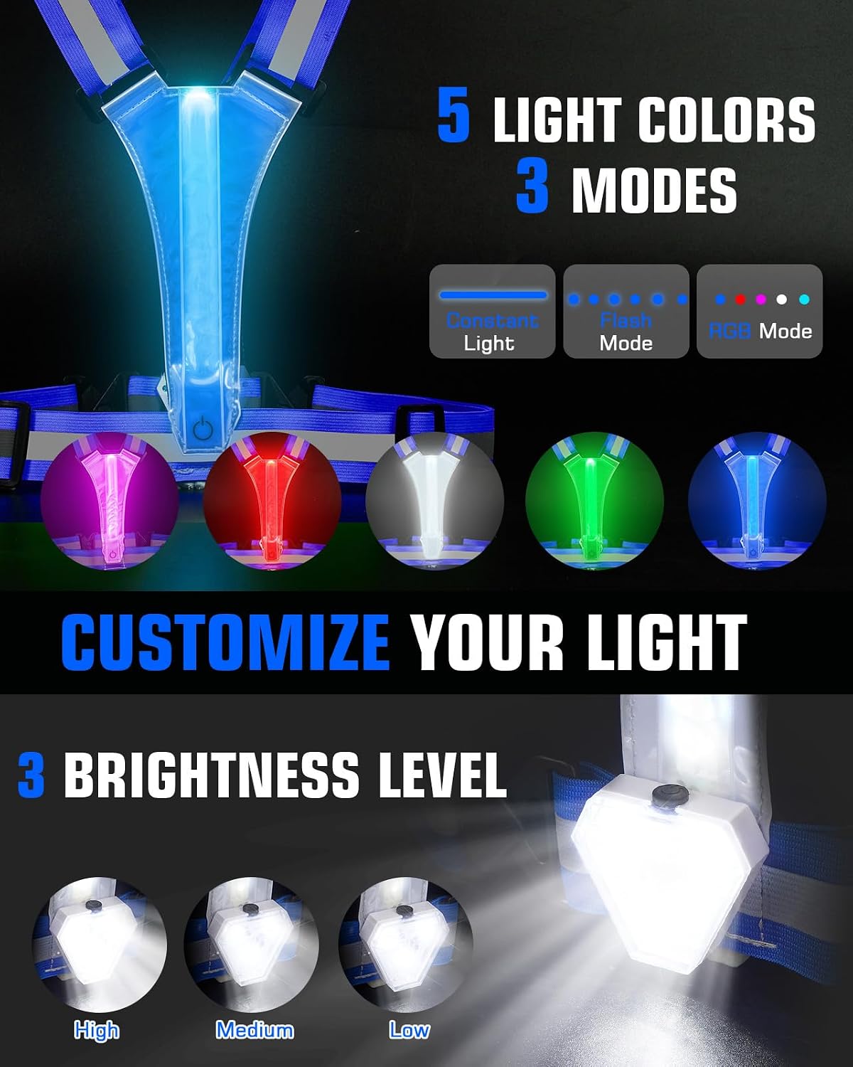 LED Reflective Vest with Chest Light 500LM, 5 RGB Colors High Visibility Rechargeable Light Up Running Vest IPX4 Night Safety Running Gear for Dog Walking, Cycling, Adjustable for Men Women Kids