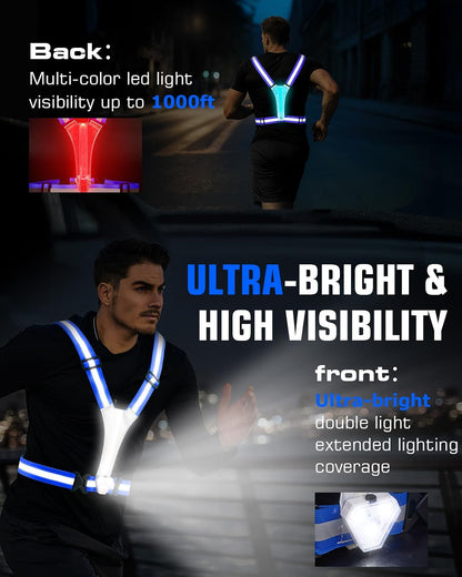 LED Reflective Vest with Chest Light 500LM, 5 RGB Colors High Visibility Rechargeable Light Up Running Vest IPX4 Night Safety Running Gear for Dog Walking, Cycling, Adjustable for Men Women Kids