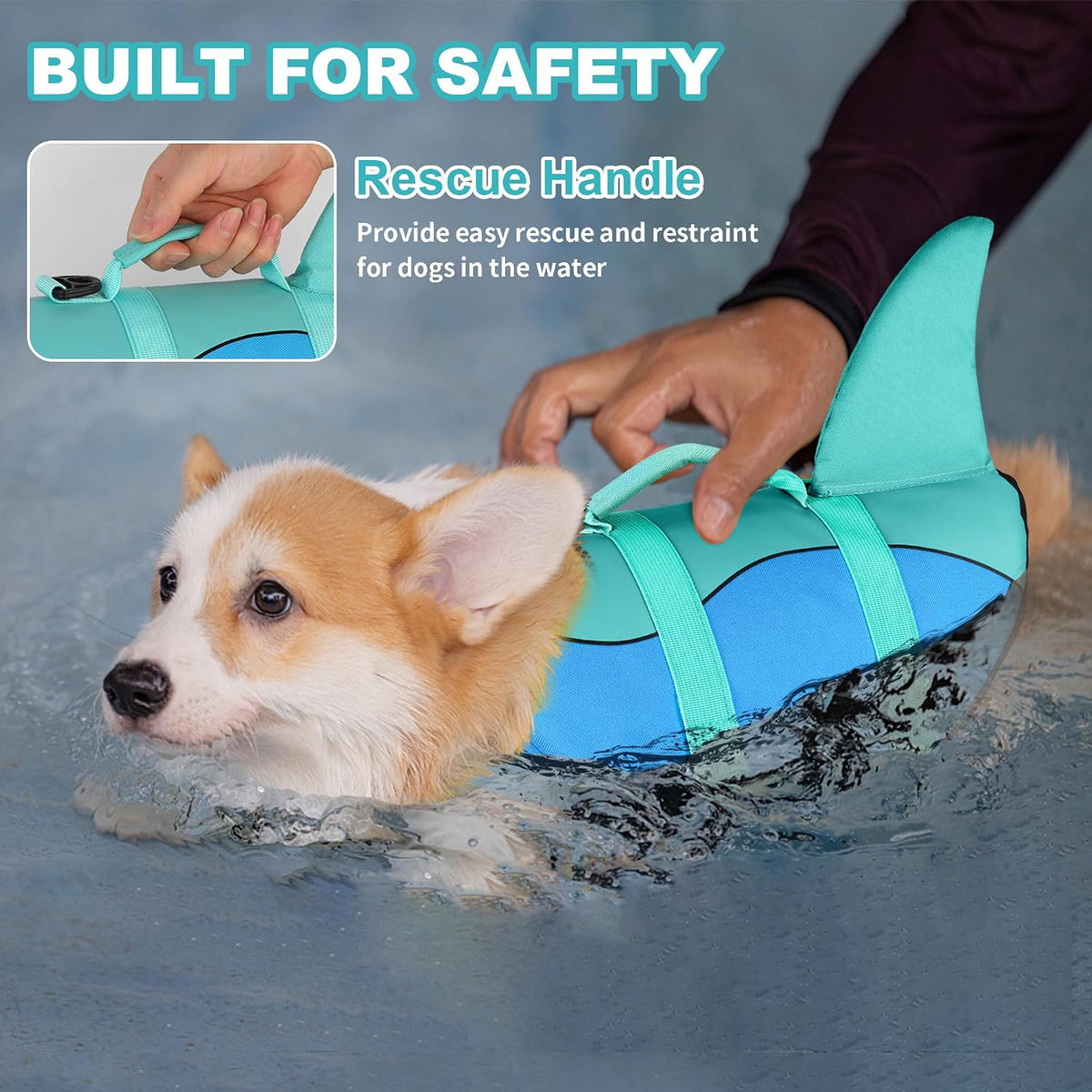 Dog Life Jacket, Cute Shark Dog Life Vest for Swimming Boating with Superior Buoyancy and Rescue Handle, Adjustable Puppy Floating Swim Vest for Small Medium Large Dogs - Pool Blue, M