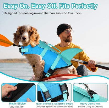 Dog Life Jacket, Cute Shark Dog Life Vest for Swimming Boating with Superior Buoyancy and Rescue Handle, Adjustable Puppy Floating Swim Vest for Small Medium Large Dogs - Pool Blue, M