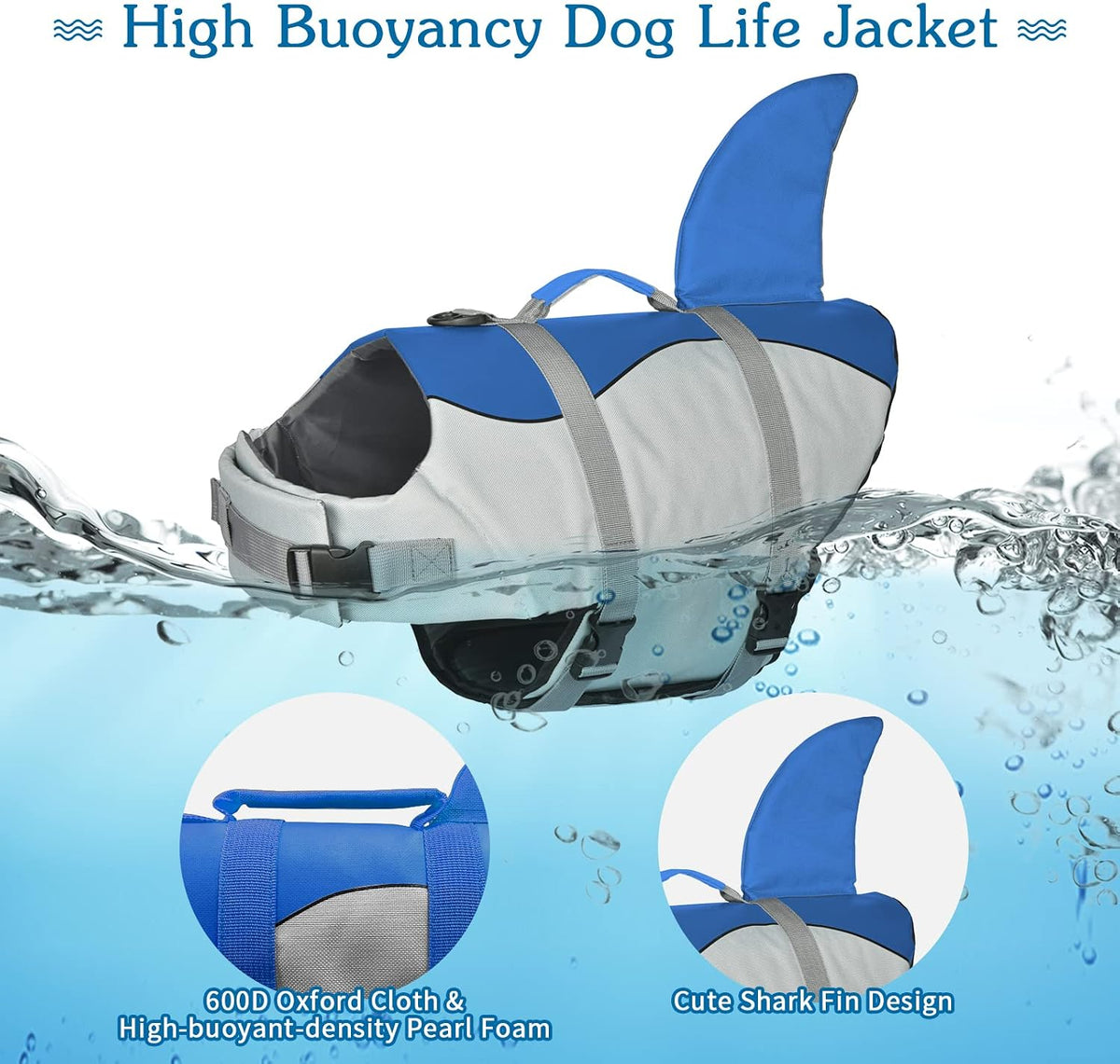 Dog Life Jacket, Cute Shark Dog Life Vest for Swimming Boating with Superior Buoyancy and Rescue Handle, Adjustable Puppy Floating Swim Vest for Small Medium Large Dogs - Pool Blue, M