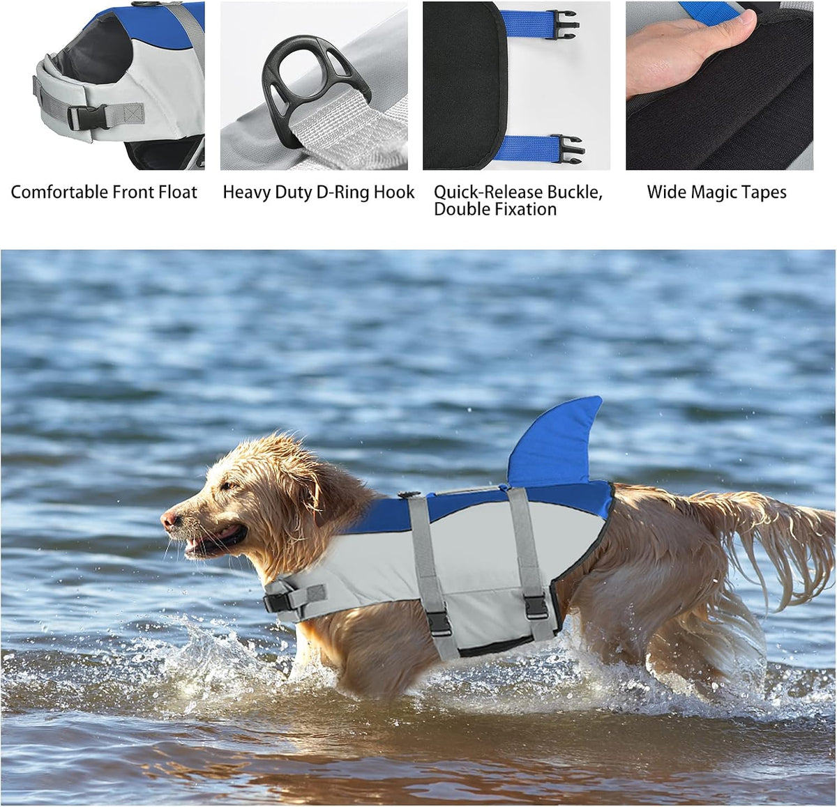 Dog Life Jacket, Cute Shark Dog Life Vest for Swimming Boating with Superior Buoyancy and Rescue Handle, Adjustable Puppy Floating Swim Vest for Small Medium Large Dogs - Pool Blue, M