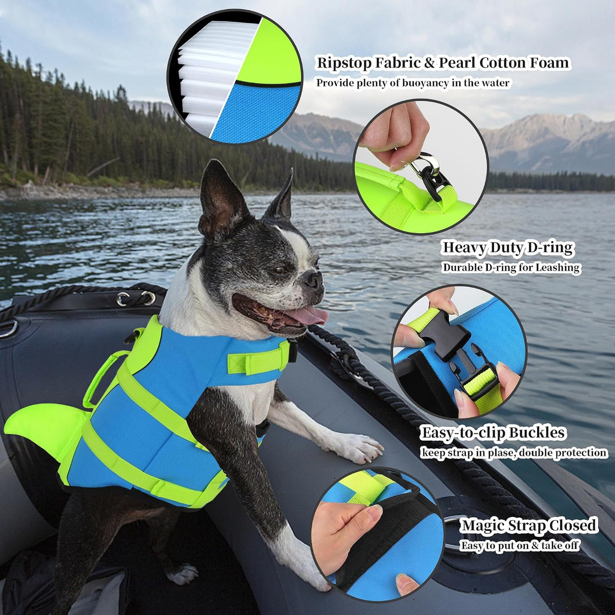 Dog Life Jacket, Cute Shark Dog Life Vest for Swimming Boating with Superior Buoyancy and Rescue Handle, Adjustable Puppy Floating Swim Vest for Small Medium Large Dogs - Pool Blue, M