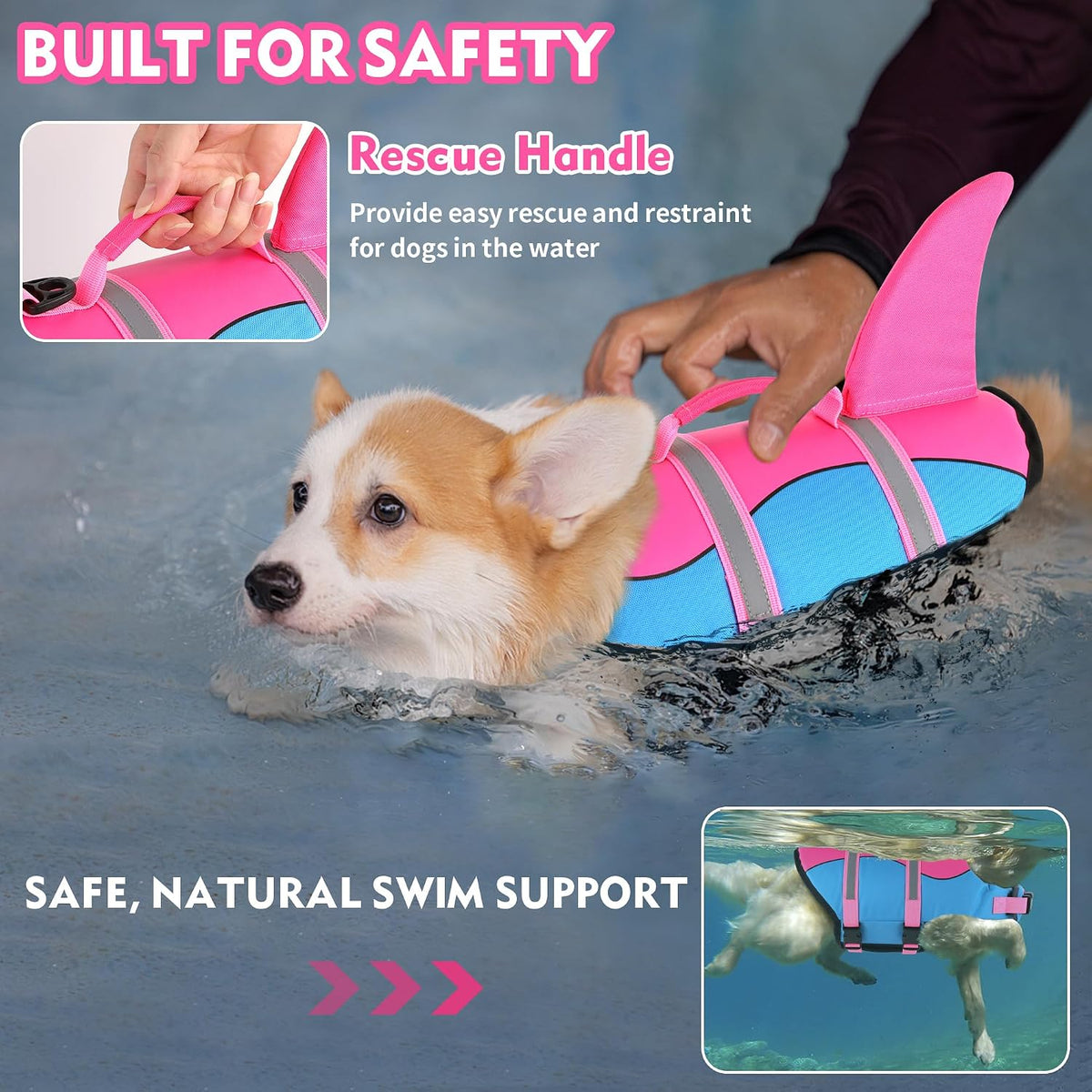 Dog Life Jacket, Cute Shark Dog Life Vest for Swimming Boating with Superior Buoyancy and Rescue Handle, Adjustable Puppy Floating Swim Vest for Small Medium Large Dogs - Pool Blue, M