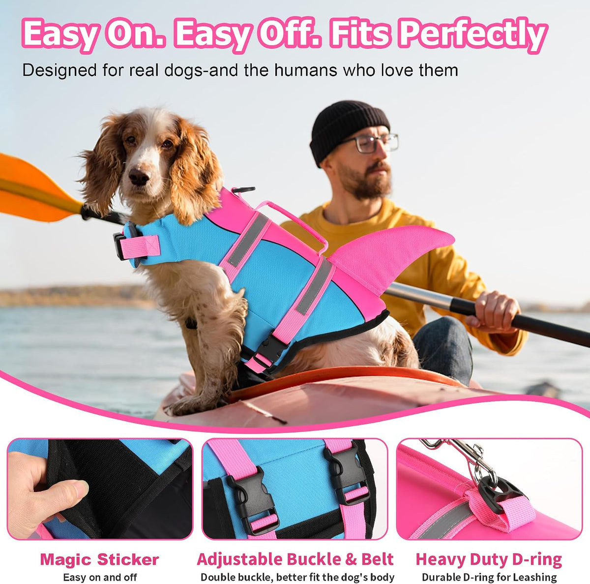 Dog Life Jacket, Cute Shark Dog Life Vest for Swimming Boating with Superior Buoyancy and Rescue Handle, Adjustable Puppy Floating Swim Vest for Small Medium Large Dogs - Pool Blue, M