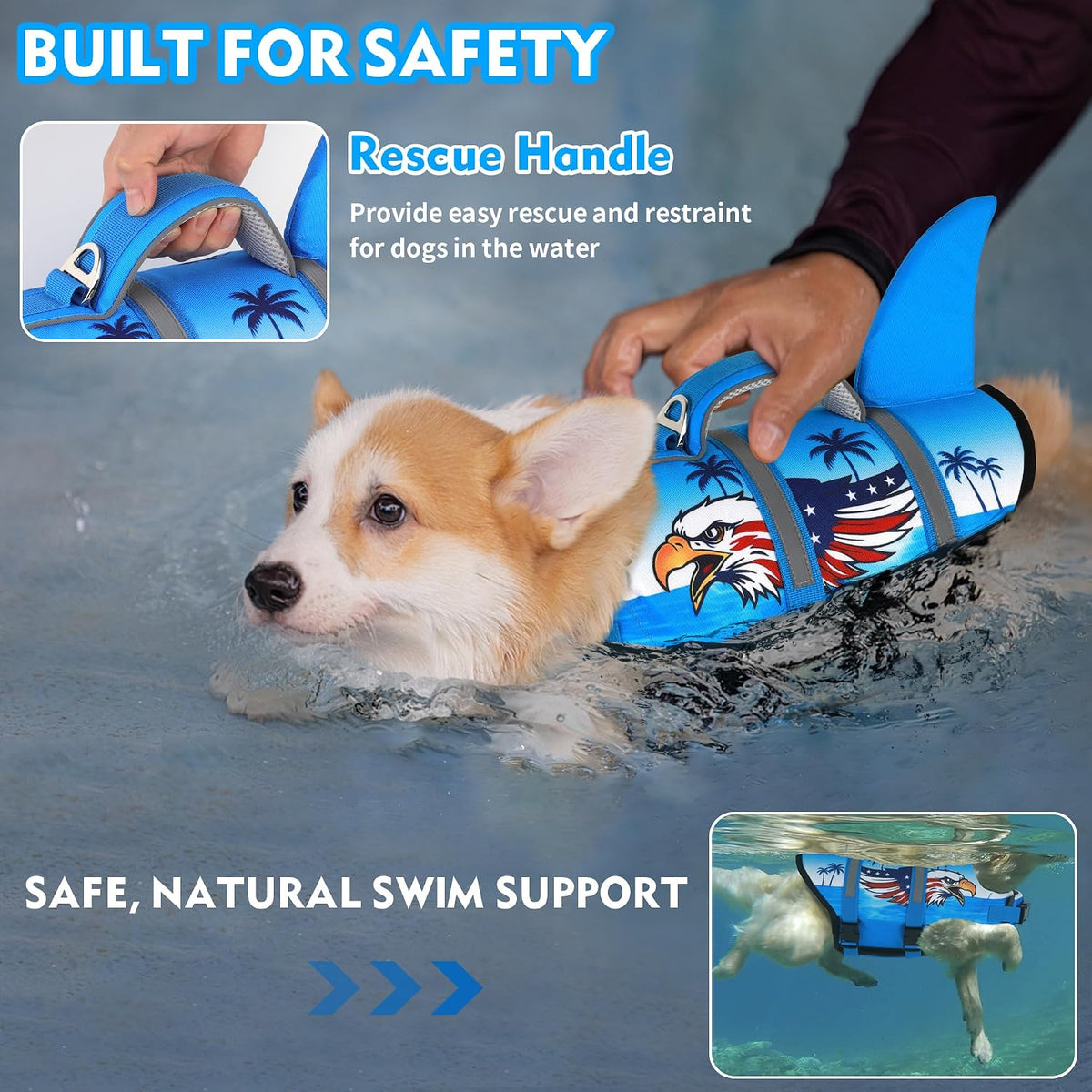 Dog Life Jacket, Cute Shark Dog Life Vest for Swimming Boating with Superior Buoyancy and Rescue Handle, Adjustable Puppy Floating Swim Vest for Small Medium Large Dogs - Pool Blue, M