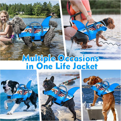 Dog Life Jacket, Cute Shark Dog Life Vest for Swimming Boating with Superior Buoyancy and Rescue Handle, Adjustable Puppy Floating Swim Vest for Small Medium Large Dogs - Pool Blue, M
