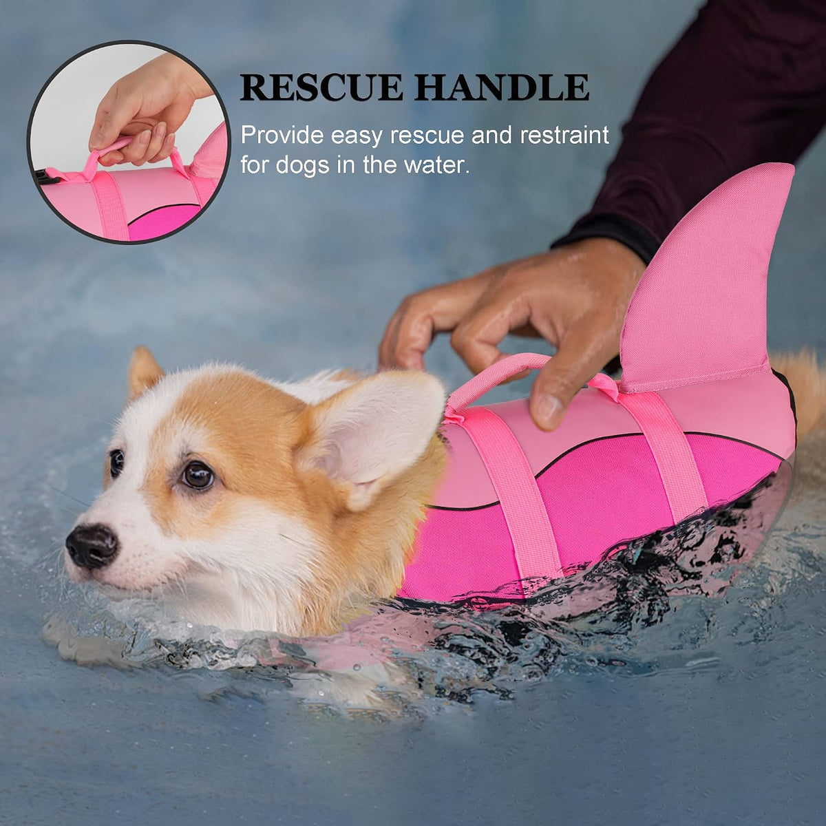 Dog Life Jacket, Cute Shark Dog Life Vest for Swimming Boating with Superior Buoyancy and Rescue Handle, Adjustable Puppy Floating Swim Vest for Small Medium Large Dogs - Pool Blue, M