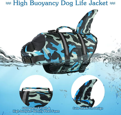 Dog Life Jacket, Cute Shark Dog Life Vest for Swimming Boating with Superior Buoyancy and Rescue Handle, Adjustable Puppy Floating Swim Vest for Small Medium Large Dogs - Pool Blue, M