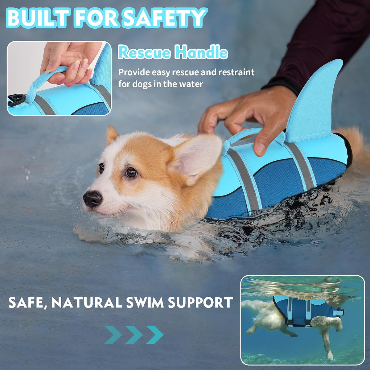 Dog Life Jacket, Cute Shark Dog Life Vest for Swimming Boating with Superior Buoyancy and Rescue Handle, Adjustable Puppy Floating Swim Vest for Small Medium Large Dogs - Pool Blue, M