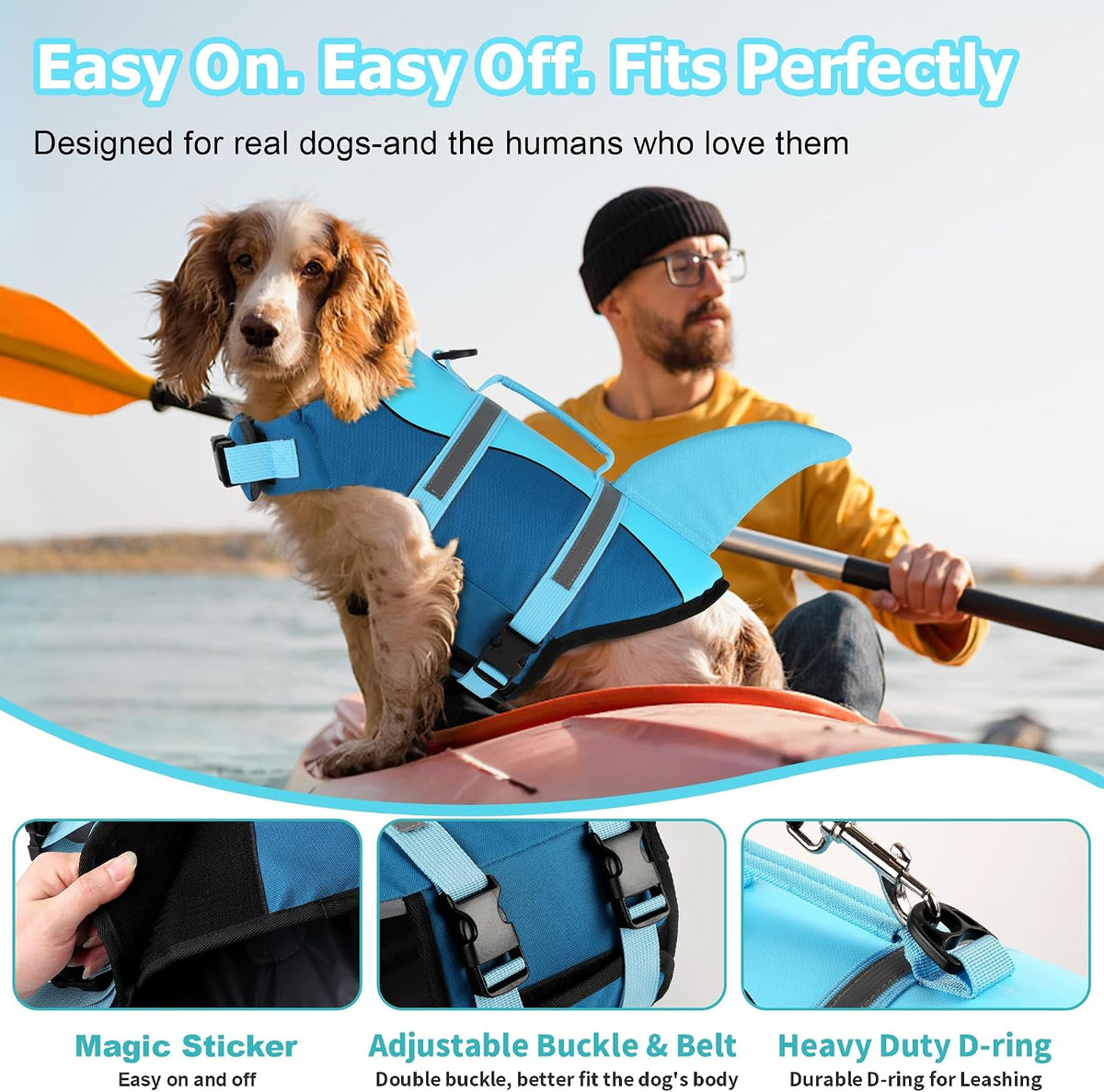 Dog Life Jacket, Cute Shark Dog Life Vest for Swimming Boating with Superior Buoyancy and Rescue Handle, Adjustable Puppy Floating Swim Vest for Small Medium Large Dogs - Pool Blue, M