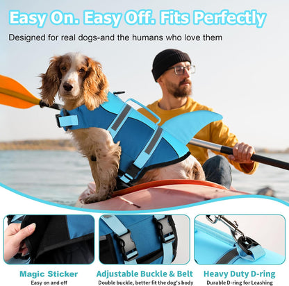 Dog Life Jacket, Cute Shark Dog Life Vest for Swimming Boating with Superior Buoyancy and Rescue Handle, Adjustable Puppy Floating Swim Vest for Small Medium Large Dogs - Pool Blue, M