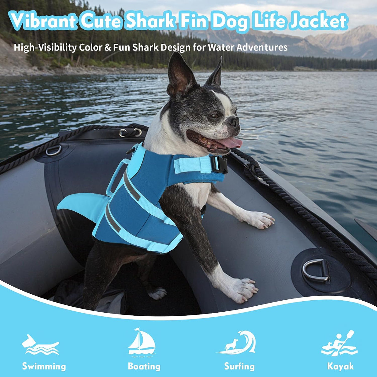 Dog Life Jacket, Cute Shark Dog Life Vest for Swimming Boating with Superior Buoyancy and Rescue Handle, Adjustable Puppy Floating Swim Vest for Small Medium Large Dogs - Pool Blue, M