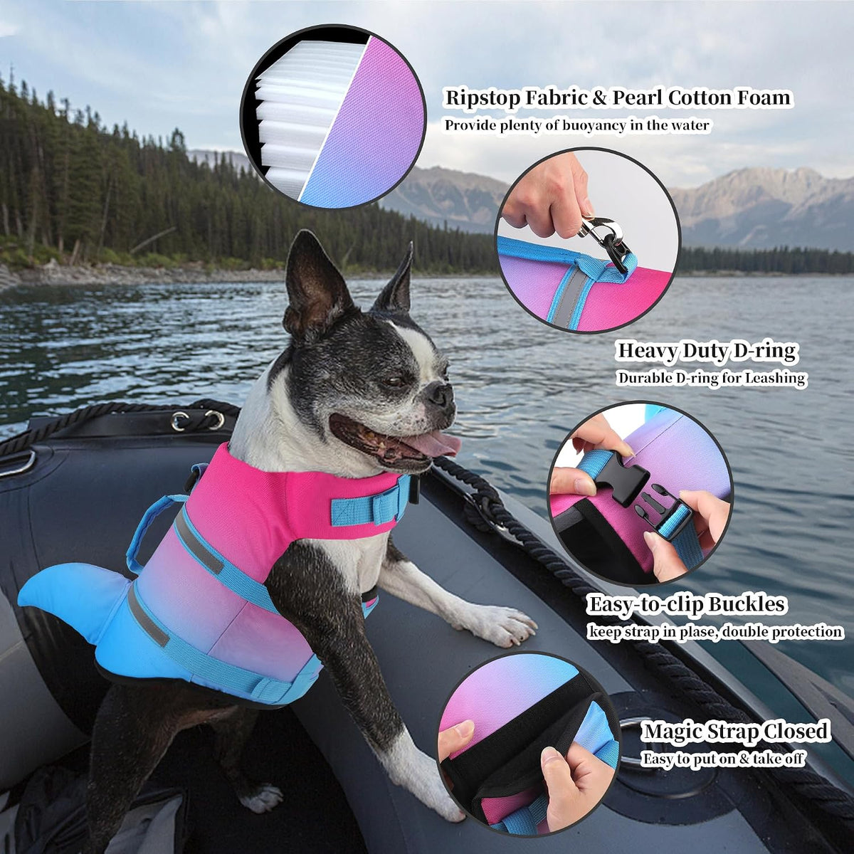 Dog Life Jacket, Cute Shark Dog Life Vest for Swimming Boating with Superior Buoyancy and Rescue Handle, Adjustable Puppy Floating Swim Vest for Small Medium Large Dogs - Pool Blue, M