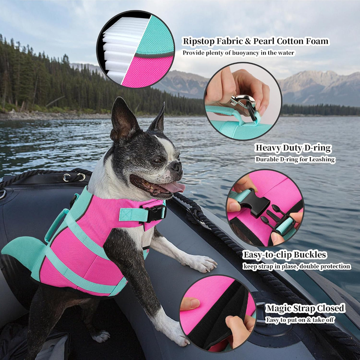 Dog Life Jacket, Cute Shark Dog Life Vest for Swimming Boating with Superior Buoyancy and Rescue Handle, Adjustable Puppy Floating Swim Vest for Small Medium Large Dogs - Pool Blue, M