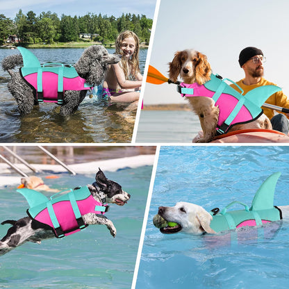 Dog Life Jacket, Cute Shark Dog Life Vest for Swimming Boating with Superior Buoyancy and Rescue Handle, Adjustable Puppy Floating Swim Vest for Small Medium Large Dogs - Pool Blue, M