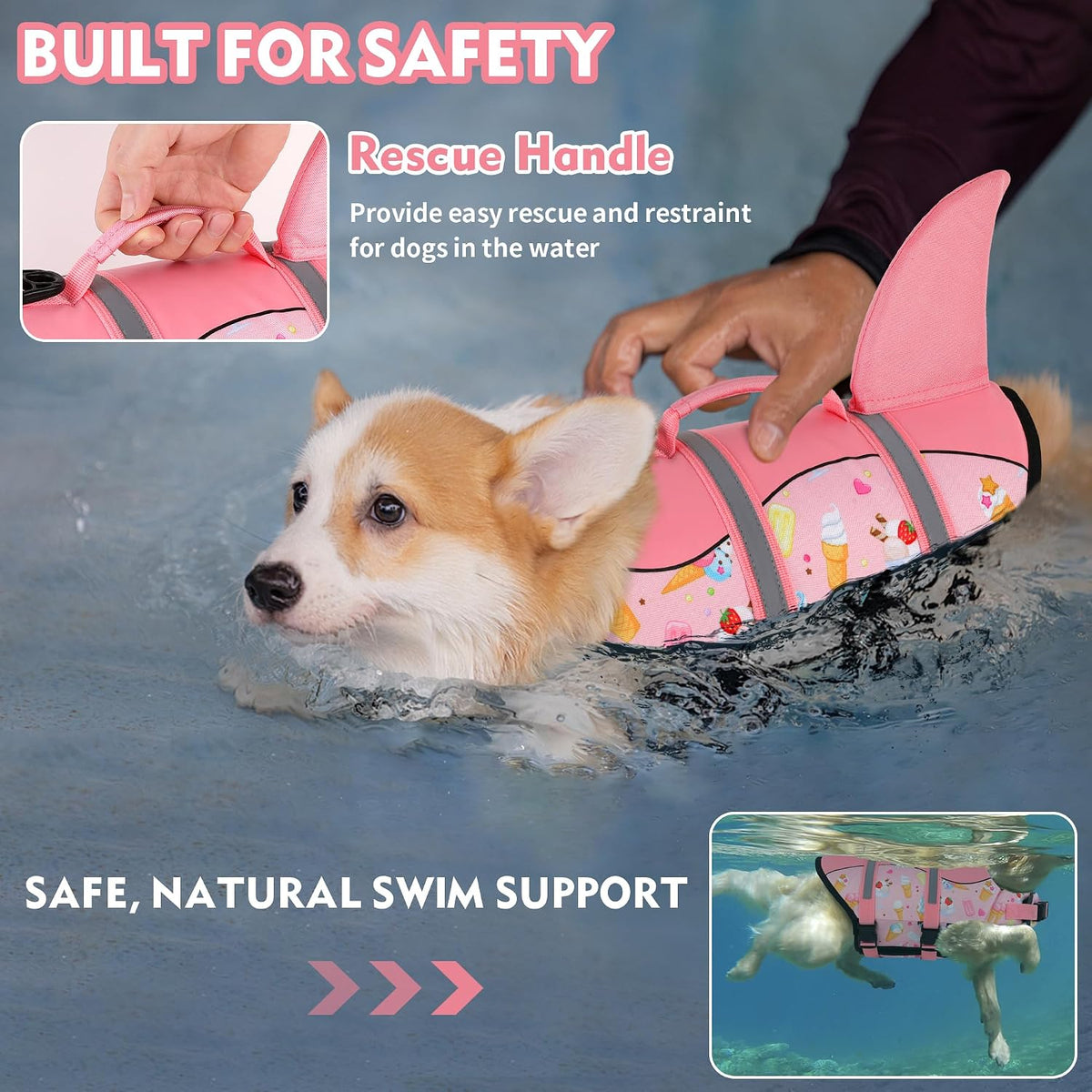 Dog Life Jacket, Cute Shark Dog Life Vest for Swimming Boating with Superior Buoyancy and Rescue Handle, Adjustable Puppy Floating Swim Vest for Small Medium Large Dogs - Pool Blue, M