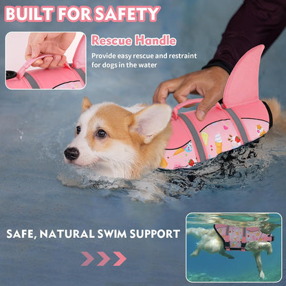 Dog Life Jacket, Cute Shark Dog Life Vest for Swimming Boating with Superior Buoyancy and Rescue Handle, Adjustable Puppy Floating Swim Vest for Small Medium Large Dogs - Pool Blue, M