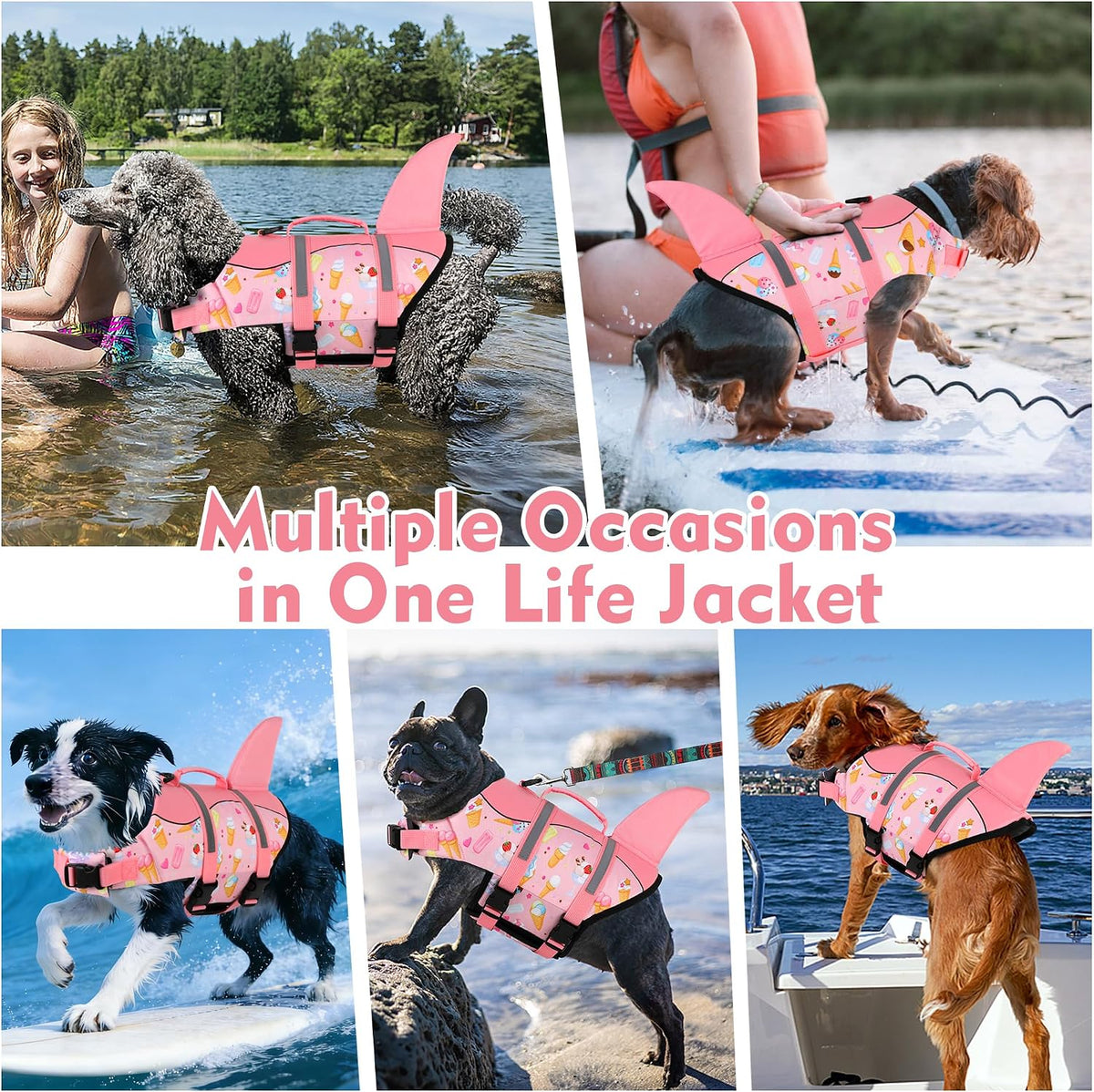 Dog Life Jacket, Cute Shark Dog Life Vest for Swimming Boating with Superior Buoyancy and Rescue Handle, Adjustable Puppy Floating Swim Vest for Small Medium Large Dogs - Pool Blue, M
