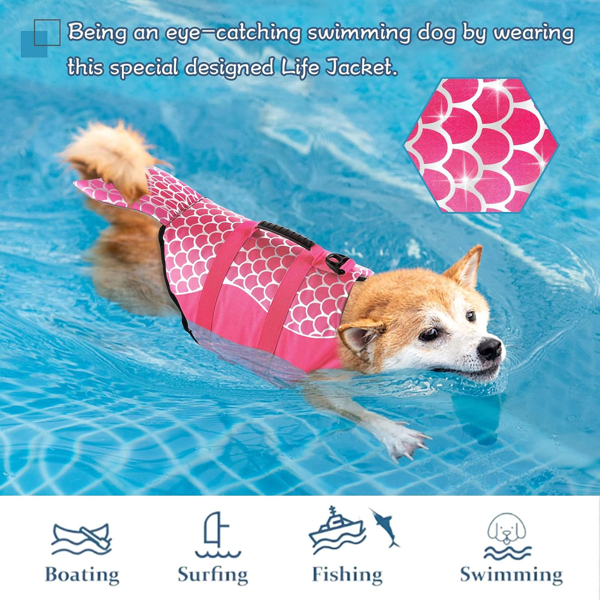 Dog Life Jacket, Cute Shark Dog Life Vest for Swimming Boating with Superior Buoyancy and Rescue Handle, Adjustable Puppy Floating Swim Vest for Small Medium Large Dogs - Pool Blue, M