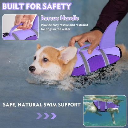 Dog Life Jacket, Cute Shark Dog Life Vest for Swimming Boating with Superior Buoyancy and Rescue Handle, Adjustable Puppy Floating Swim Vest for Small Medium Large Dogs - Pool Blue, M
