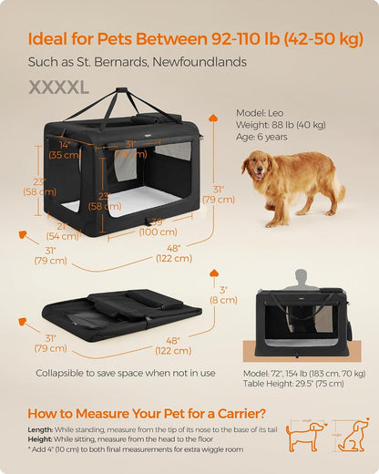 Feandrea Collapsible Soft Dog Crate, Portable Travel Carrier, 48 Inches