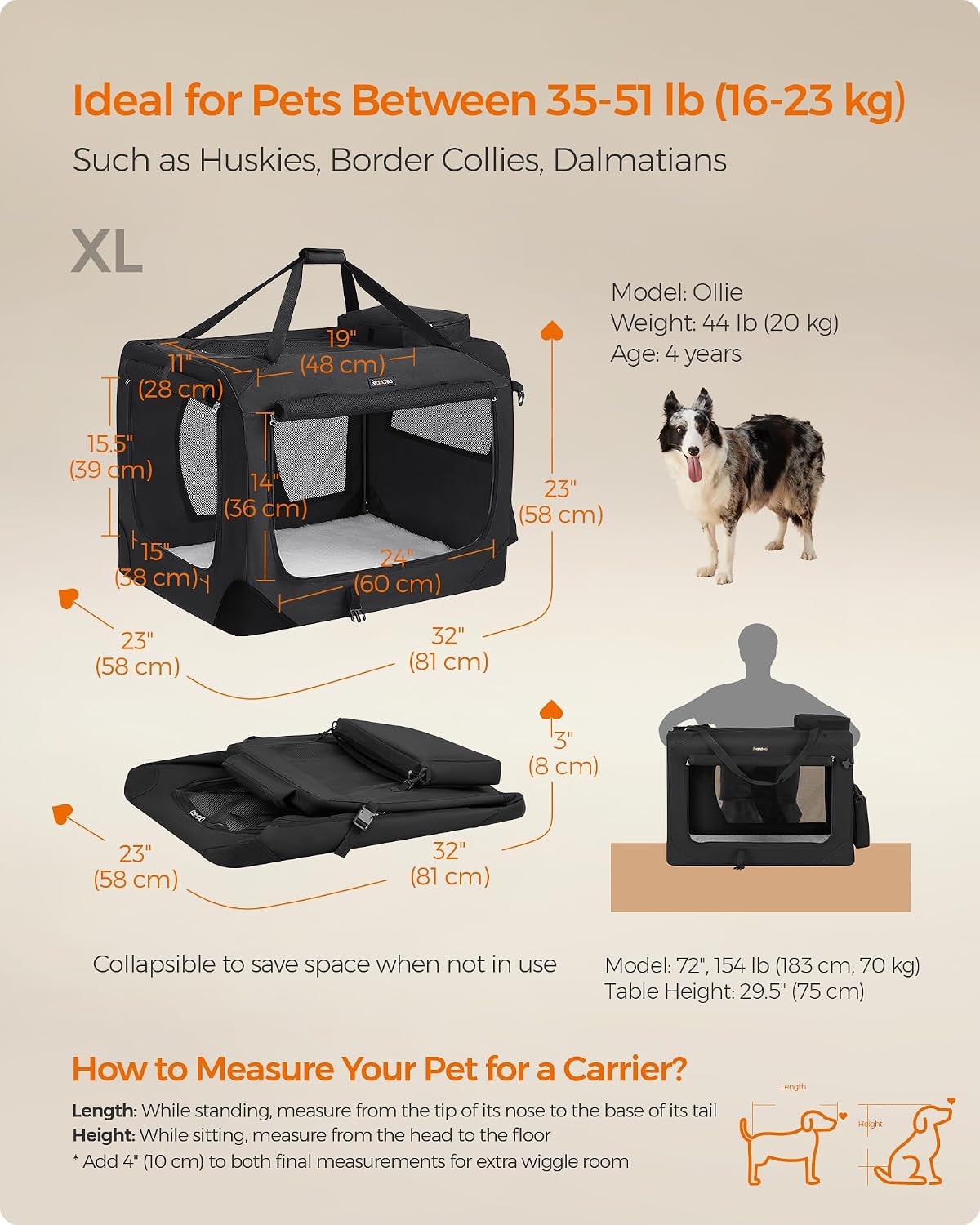 Feandrea Collapsible Soft Dog Crate, Portable Travel Carrier, 48 Inches