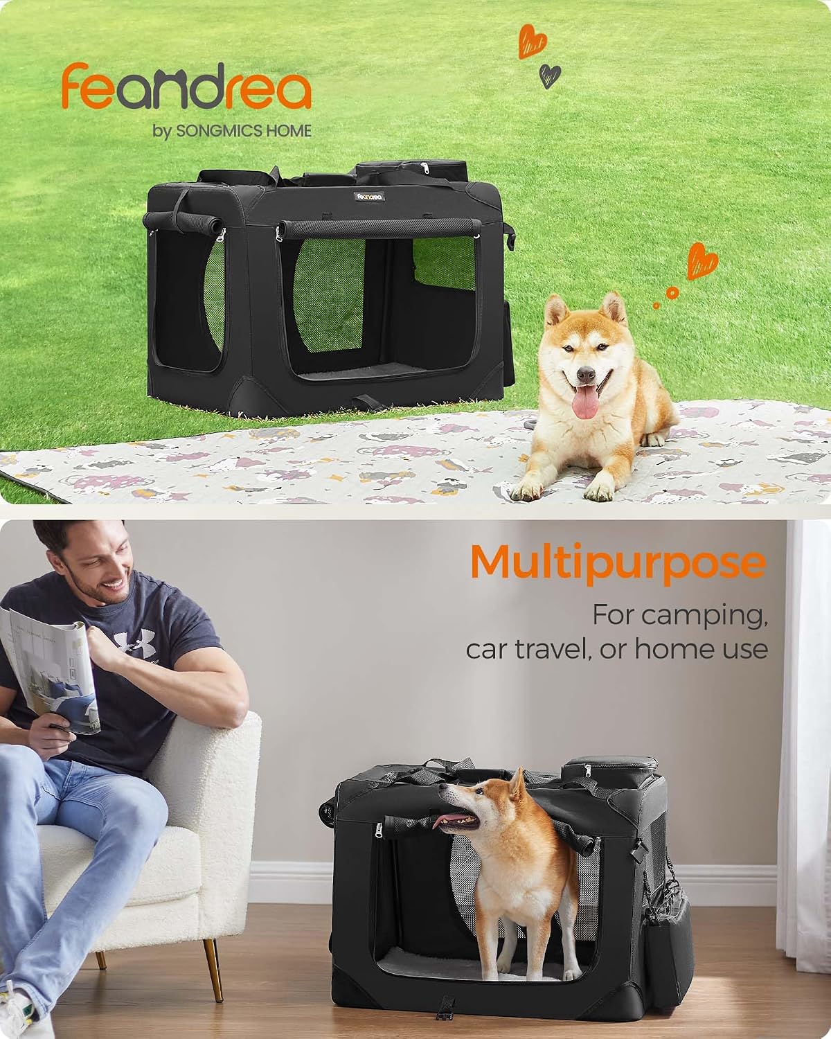 Feandrea Collapsible Soft Dog Crate, Portable Travel Carrier, 48 Inches