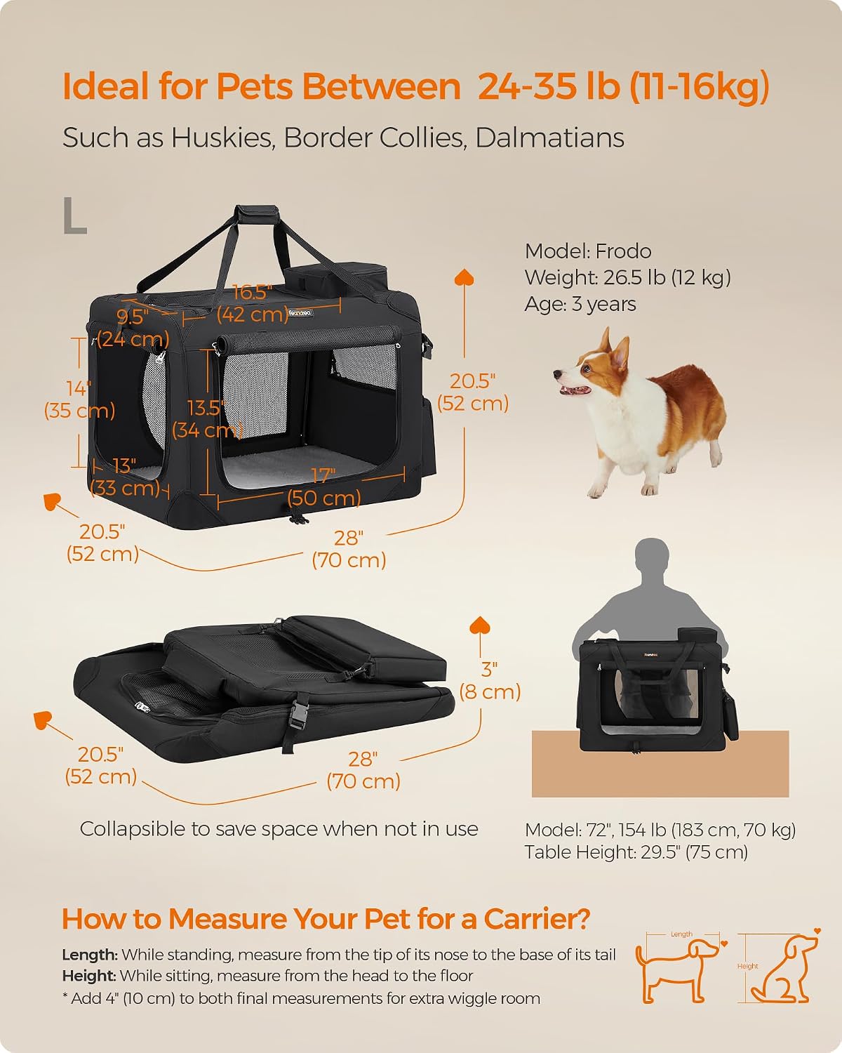 Feandrea Collapsible Soft Dog Crate, Portable Travel Carrier, 48 Inches