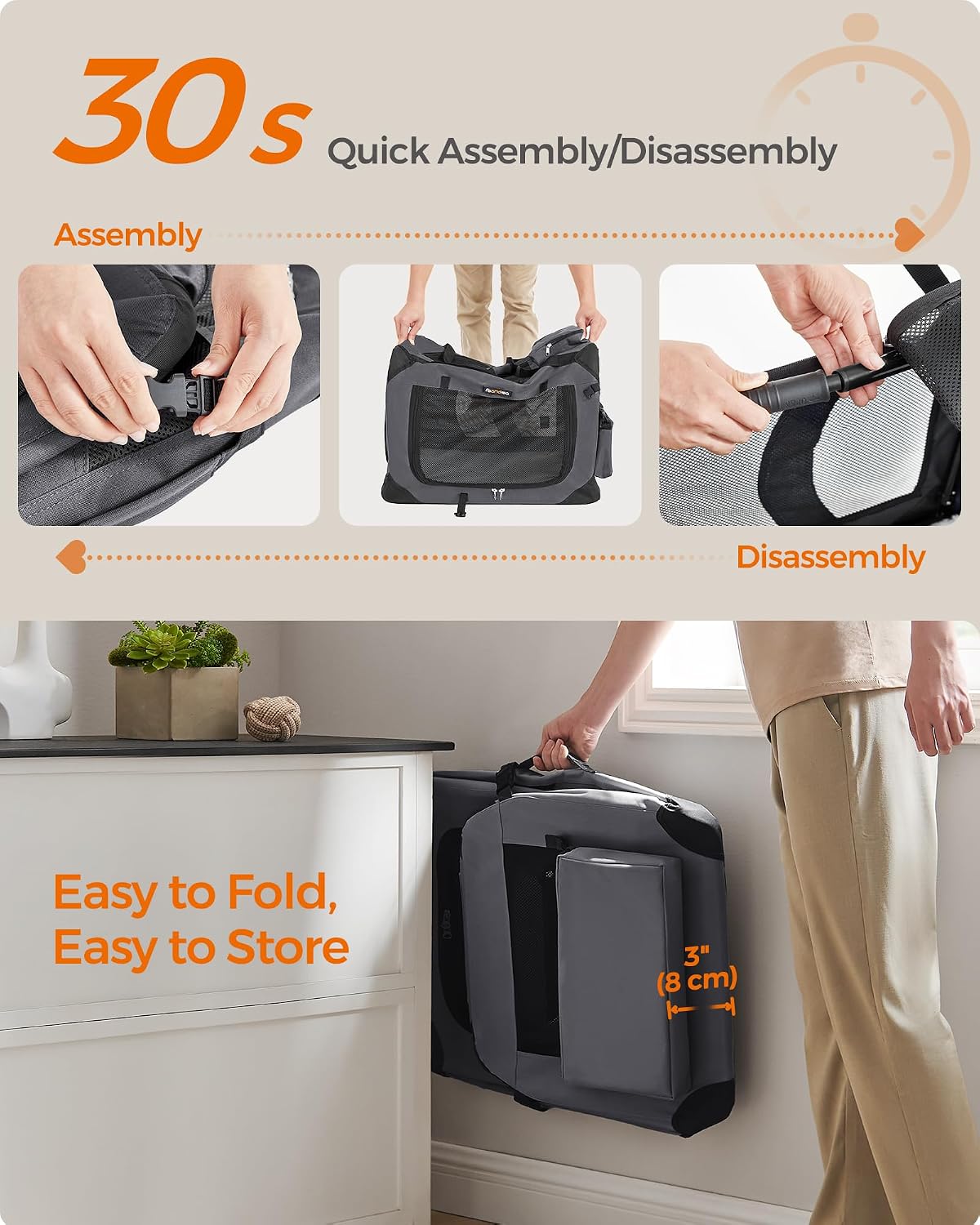 Feandrea Collapsible Soft Dog Crate, Portable Travel Carrier, 48 Inches