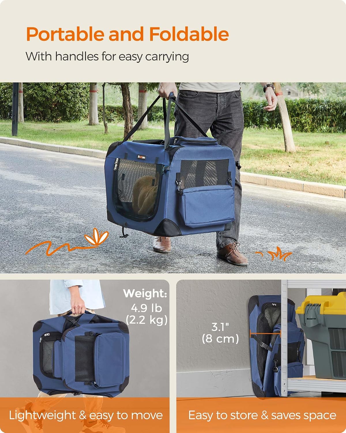 Feandrea Collapsible Soft Dog Crate, Portable Travel Carrier, 48 Inches