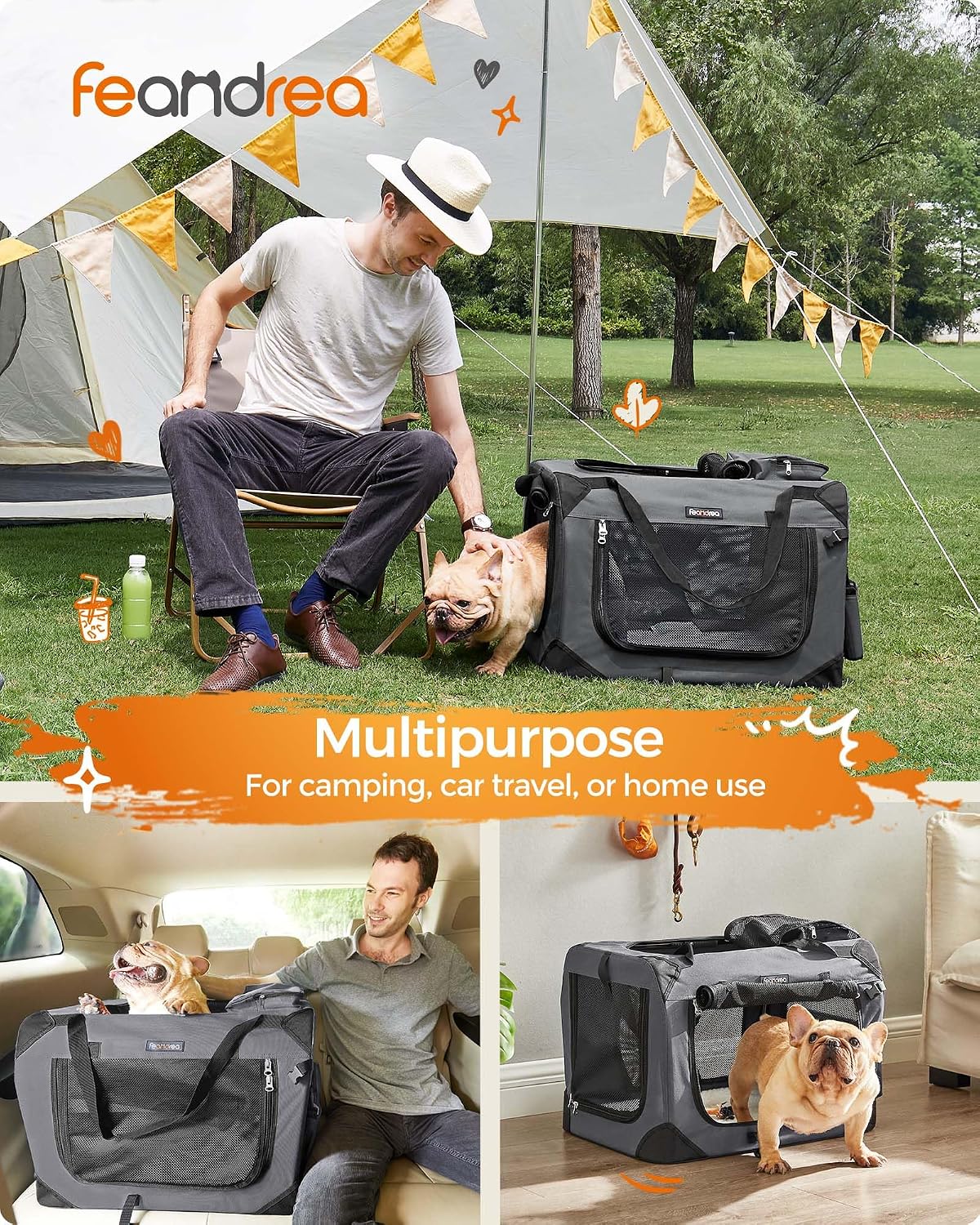 Feandrea Collapsible Soft Dog Crate, Portable Travel Carrier, 48 Inches