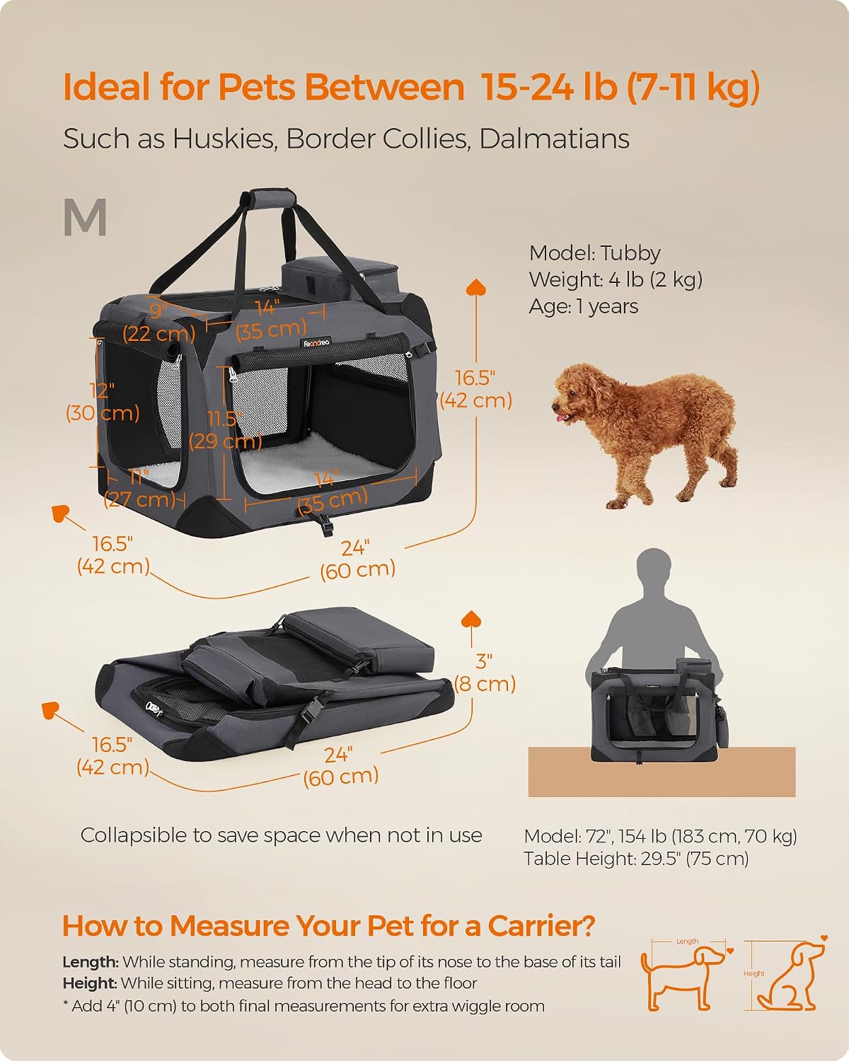 Feandrea Collapsible Soft Dog Crate, Portable Travel Carrier, 48 Inches