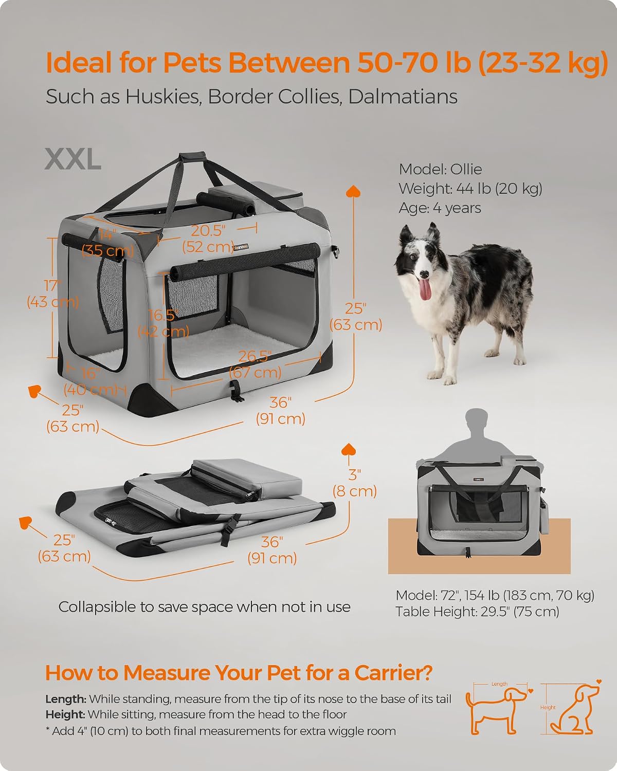 Feandrea Collapsible Soft Dog Crate, Portable Travel Carrier, 48 Inches