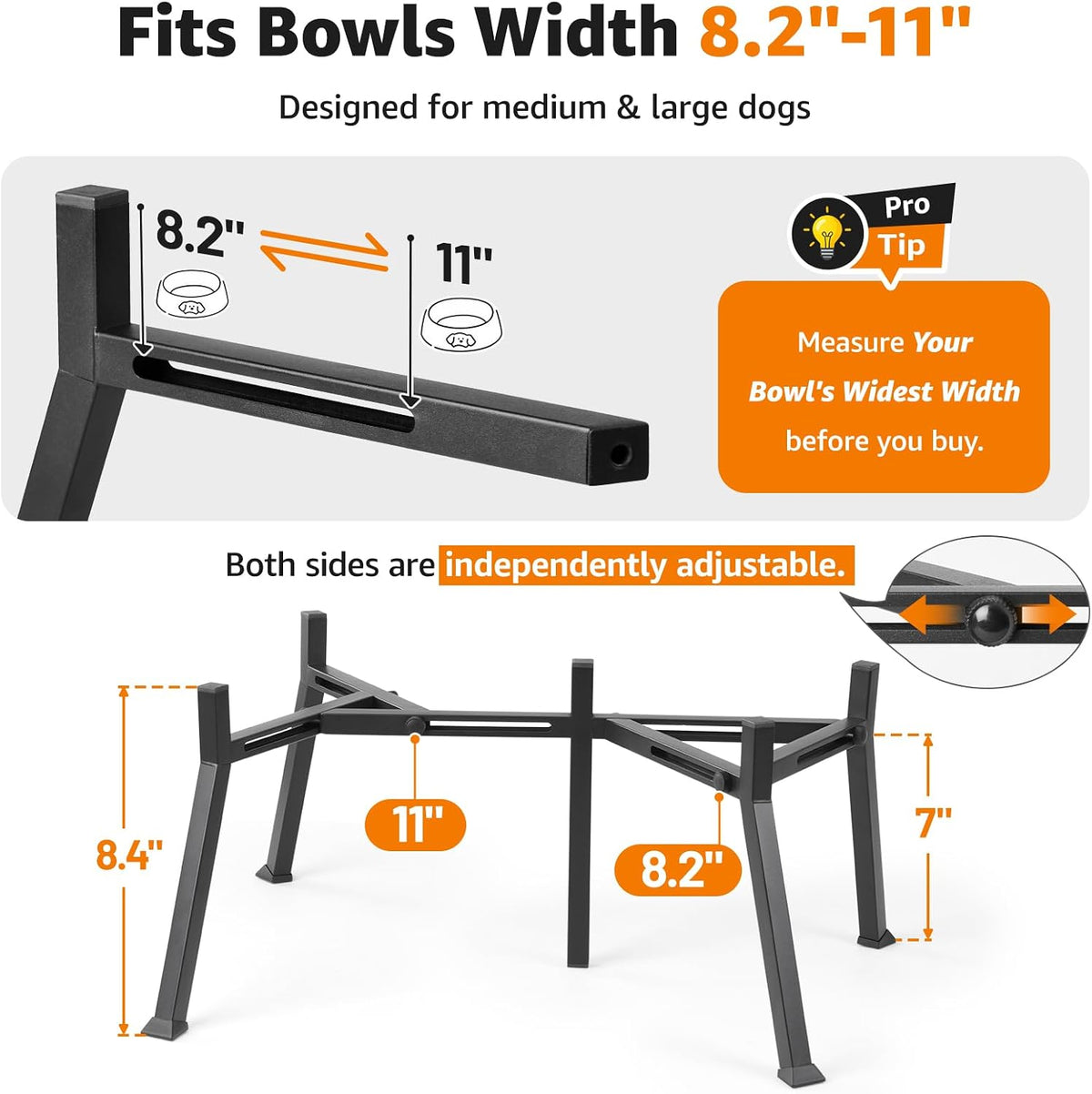 Elevated Dog Bowl Stand Adjustable 8.2"-11" Width for Large Seniors