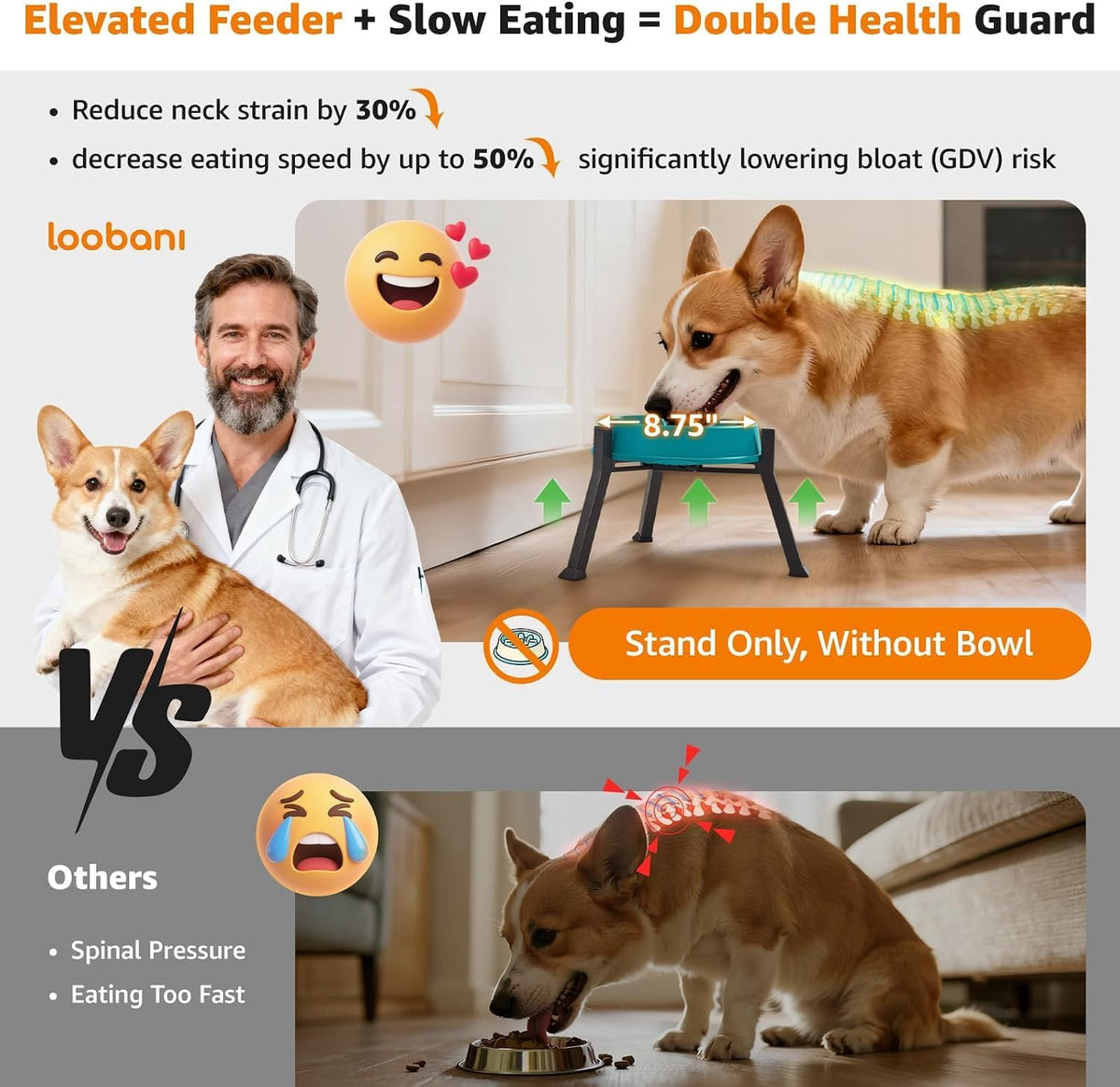 Elevated Dog Bowl Stand Adjustable 8.2"-11" Width for Large Seniors